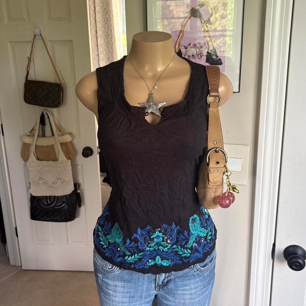 Y2K 2000s whimsygoth Black Embroidered Floral Tank Top